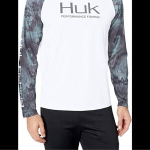 HUK Men’s High Performance Fishing Shirt Long Sleeve Grey White Size Large
